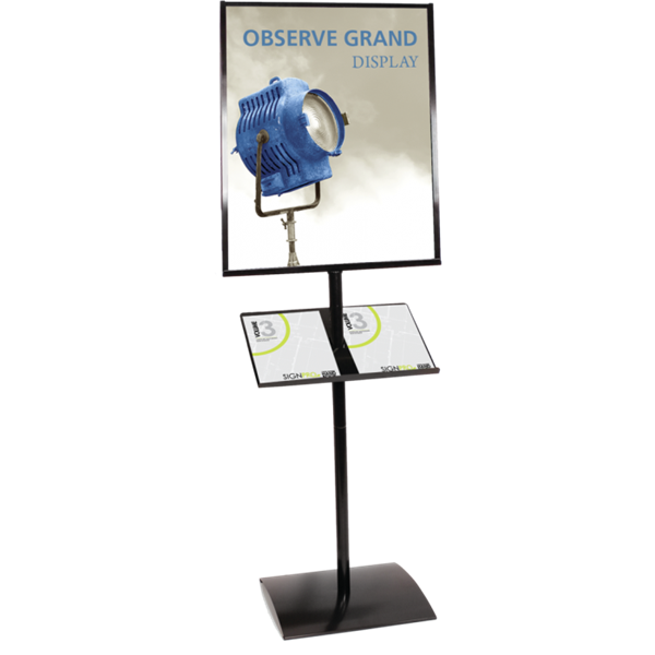 Observe Grand large Info Center w Literature Shelf. This large info center with double width literature shelf is the ultimate in affordable, effective convenience and grade addition for Trade Show, events, conference and retail