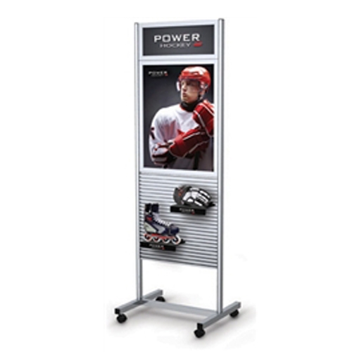 25in x 79in  Portable Slatwall Stand Two-Sided with Frame for the Exhibit and P.O.P Industries, Retail, Factory, Garage & More. These sleek, anodized aluminum Slatwall Stands from Testrite are a sharp, modern display solution for any trade fair exhibition