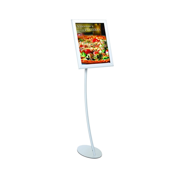 EasyOpen Angled Snap Frame Pedestal Stand - Curved Upright designed to get your marketing message noticed on the trade show or retail floor. These store displays hold 11in x 17in custom graphics that are easy to replace & update.