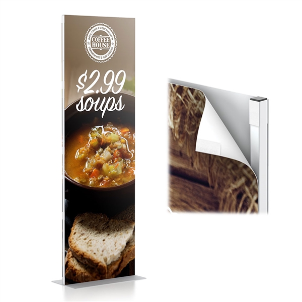 Simple Standee Square Tubing designed to get your marketing message noticed on the trade show or retail floor. These store displays hold 18in x 72in custom graphics that are easy to replace & update.