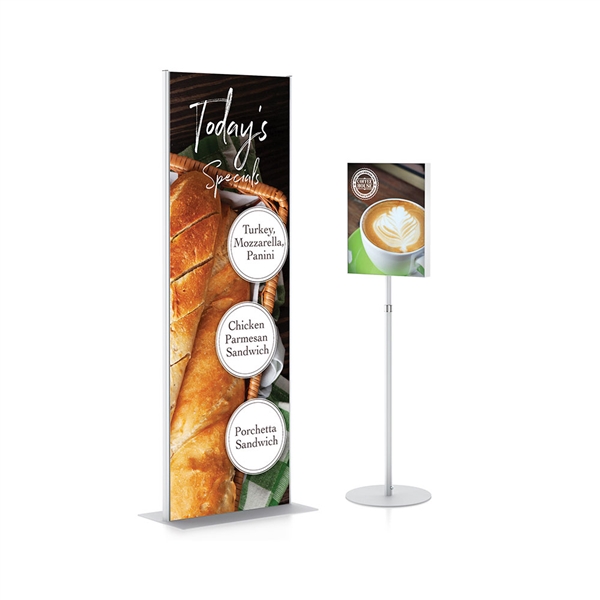 Magnetic Pedestal Media Telescopic designed to get your marketing message noticed on the trade show or retail floor. These store displays hold 11in x 14in custom graphics that are easy to replace & update.