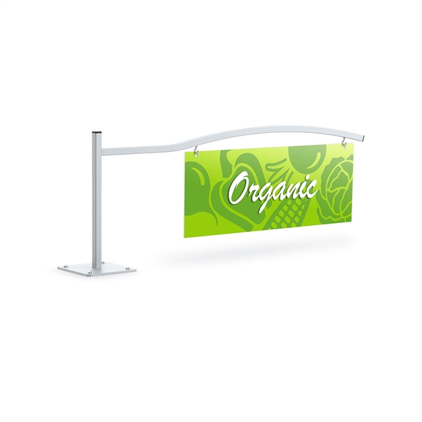 Stellar Aisle Curved Square Base Marker designed to get your marketing message noticed on the trade show or retail floor. These store displays hold 24in x 9in custom graphics that are easy to replace & update.
