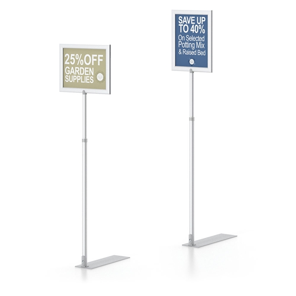 Telescopic Vert Shovel Base Silver designed to get your marketing message noticed on the trade show or retail floor. These store displays hold 8.5in x 11in custom graphics that are easy to replace & update.