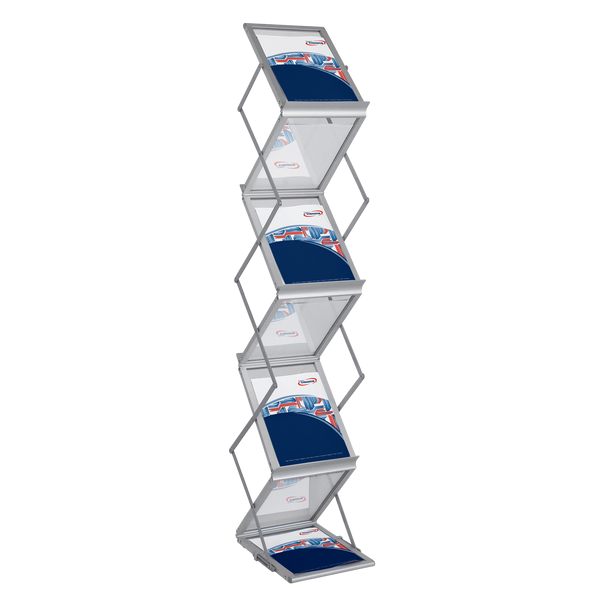 Single Double-Sided Literature Rack Display. This stylish 5-Step Literature Rack holds literature even while folded, making portability even easier.