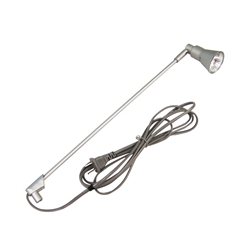 Aspen Silver Spot Light - Small 50 W is halogen, consumes 50 watts, has a larger head and a slender Silver body with power cord. To install light to Aspen frame, angle included clip into line groove and drop it in. Clip attaches to light.