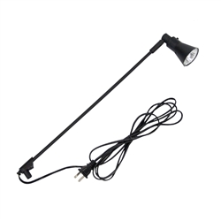 Aspen Black Spot Light - Small 50 W is halogen, consumes 50 watts, has a larger head and a slender Black body with power cord. To install light to Aspen frame, angle included clip into line groove and drop it in. Clip attaches to light.