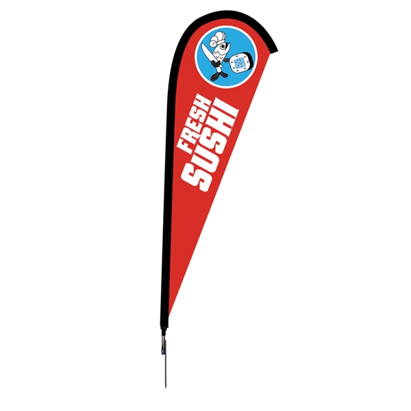 Outdoor promotional flag stands get your message noticed!  Custom printed 7.5ft Sunbrid single-sided Teardrop outdoor flags are perfect for retail stores, car dealerships, fairs, expos, trade shows and more to grab customer attention.