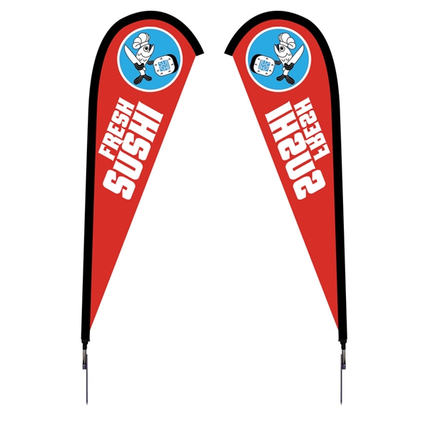 Outdoor promotional flag stands get your message noticed!  Custom printed 7.5ft Sunbrid double-sided Teardrop outdoor flags are perfect for retail stores, car dealerships, fairs, expos, trade shows and more to grab customer attention.