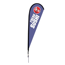 Outdoor promotional flag stands get your message noticed!  Custom printed 9ft Sunbrid single-sided Teardrop outdoor flags are perfect for retail stores, car dealerships, fairs, expos, trade shows and more to grab customer attention.