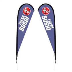 Outdoor promotional flag stands get your message noticed!  Custom printed 9ft Sunbrid double-sided Teardrop outdoor flags are perfect for retail stores, car dealerships, fairs, expos, trade shows and more to grab customer attention.