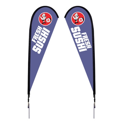 Outdoor promotional flag stands get your message noticed!  Custom printed 9ft Sunbrid double-sided Teardrop outdoor flags are perfect for retail stores, car dealerships, fairs, expos, trade shows and more to grab customer attention.