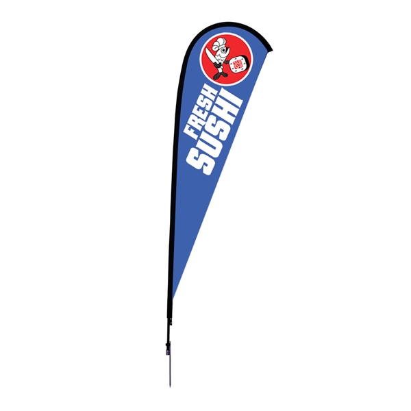 Outdoor promotional flag stands get your message noticed!  Custom printed 12ft Sunbrid single-sided Teardrop outdoor flags are perfect for retail stores, car dealerships, fairs, expos, trade shows and more to grab customer attention.