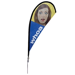 Outdoor promotional flag stands get your message noticed!  Custom printed 8.2ft  single-sided Teardrop outdoor flags are perfect for retail stores, car dealerships, fairs, expos, trade shows and more to grab customer attention.