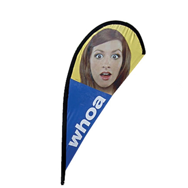 Outdoor promotional flags get your message noticed!  Custom printed 8.2ft  single-sided Teardrop outdoor flags are perfect for retail stores, car dealerships, fairs, expos, trade shows and more to grab customer attention.