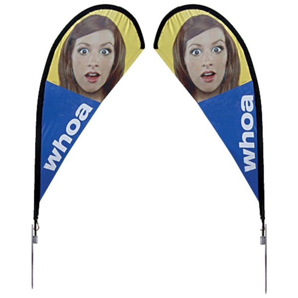 Outdoor promotional flag stands get your message noticed!  Custom printed 8.2ft  double-sided Teardrop outdoor flags are perfect for retail stores, car dealerships, fairs, expos, trade shows and more to grab customer attention.