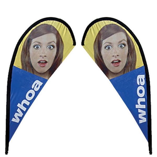 Outdoor promotional flags get your message noticed!  Custom printed 8.2ft  double-sided Teardrop outdoor flags are perfect for retail stores, car dealerships, fairs, expos, trade shows and more to grab customer attention.