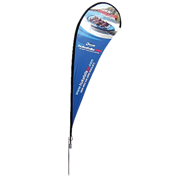 Outdoor promotional flag stands get your message noticed!  Custom printed 11ft  single-sided Teardrop outdoor flags are perfect for retail stores, car dealerships, fairs, expos, trade shows and more to grab customer attention.