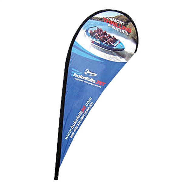 Outdoor promotional flags get your message noticed!  Custom printed 11ft  single-sided Teardrop outdoor flags are perfect for retail stores, car dealerships, fairs, expos, trade shows and more to grab customer attention.