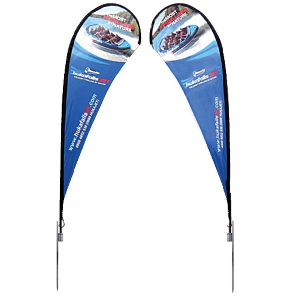 Outdoor promotional flag stands get your message noticed!  Custom printed 11ft  double-sided Teardrop outdoor flags are perfect for retail stores, car dealerships, fairs, expos, trade shows and more to grab customer attention.