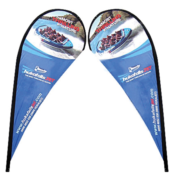 Outdoor promotional flags get your message noticed!  Custom printed 11ft  double-sided Teardrop outdoor flags are perfect for retail stores, car dealerships, fairs, expos, trade shows and more to grab customer attention.
