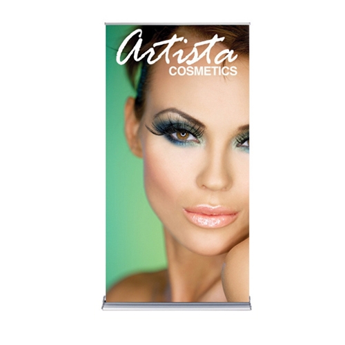 36in x 72in Silver SilverStep Retractable Banner Stand Vinyl Banner Package. Huge assortment of retractable bannerstands. Silverstep retractable telescoping trade show banner stand display is a marketing solution for your next promotion or trade show even