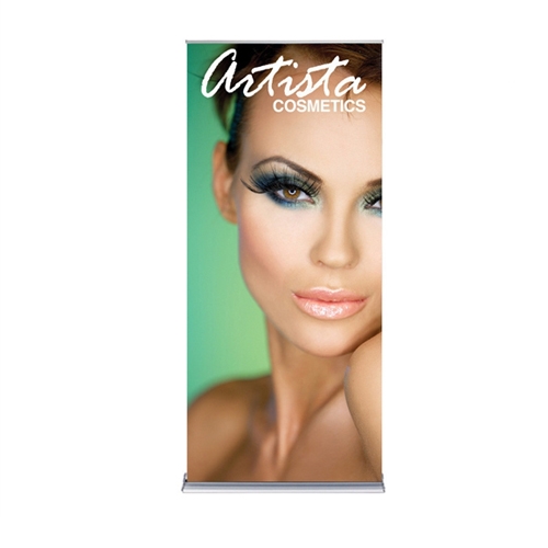 36in x 80in Silver SilverStep Retractable Banner Stand Fabric Banner Package. Huge assortment of retractable bannerstands. Silverstep retractable telescoping trade show banner stand display is a marketing solution for your next promotion or trade show eve