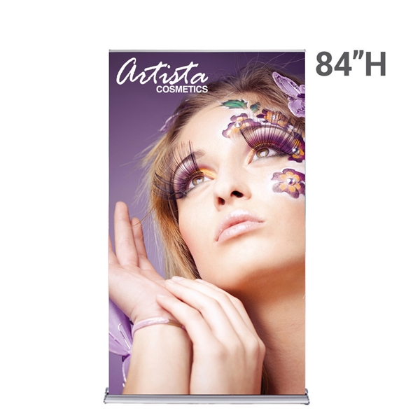 48in x 84in SilverStep Retractable Banner Stand Vinyl Graphic Package. SilverStep Retractable BannerStands are our top of the line retractable trade show banner stand displays. Roll up displays have a giant graphic to grab the attention at trade show