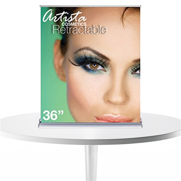 36inx59in SilverStep Retractable Tabletop Black Stand Fabric Print are the perfect marketing solutions for trade show booths with limited floor space. Full line of trade show displays, pop up booths, banner stands, table top displays, banner stands.