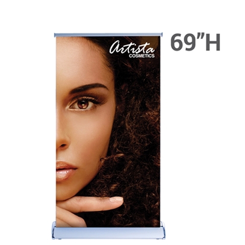 33.5in x 69in Silverwing Banner Stand Double Sided Fabric Print is the perfect banner stand for trade show events and conventions. The banner graphic pulls up and rolls down keeping your banner protected.
