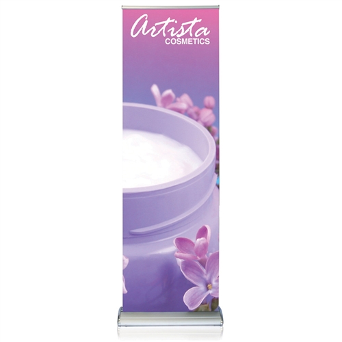 24in x 74in Double Step Retractable Banner Stand Graphic Package is a great way to market your company and showcase your products. This double sided retractable banner stand comes in 24in widths and displays two banners back to back.
