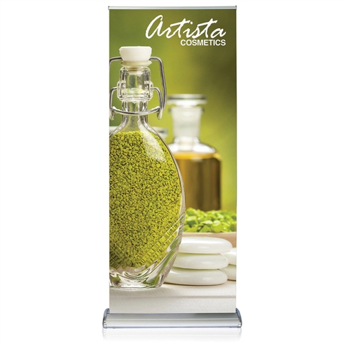 36in x 74in Double Step Retractable Banner Stand Graphic Package is a great way to market your company and showcase your products. This double sided retractable banner stand comes in 36in widths and displays two banners back to back.