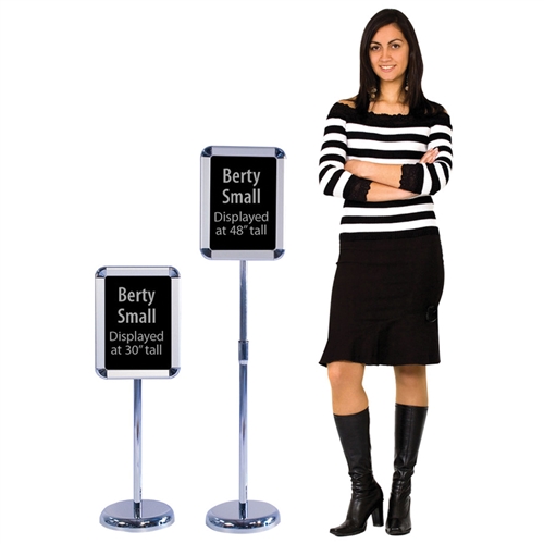 The Berty Snap Frame Display allows a small sign to be displayed almost anywhere. No need to post on a wall just set up the freestanding display where needed, open the snap frame and place your sign. It securely holds an 8.5in x 11in sign and telescopes