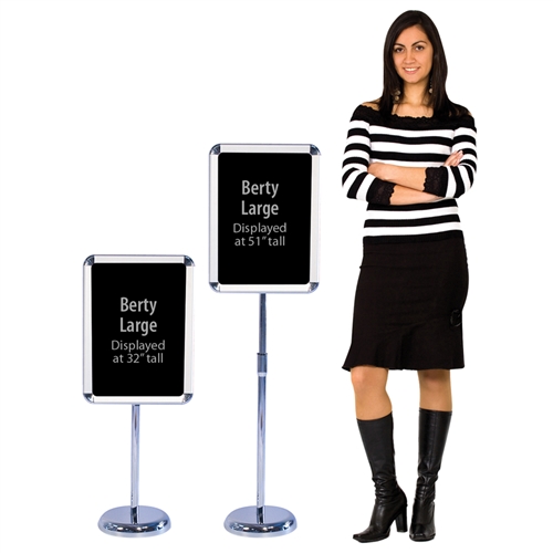 The Berty Snap Frame Display allows a small sign to be displayed almost anywhere. No need to post on a wall just set up the freestanding display where needed, open the snap frame and place your sign. It securely holds an 11.75in x 16.5in sign and telescop