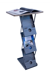 This stylish 5-Step MESA Literature Stand - Table Trade Show Display holds literature even while folded, making portability even easier.  Pockets holds 8 1/2" x 11" literature; 1 1/2" deep. Set up is simple: pull pegs on sides of rack, lift up to extend