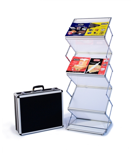 EZ Frost Literature Rack Display. This stylish 5-Step Literature Rack holds literature even while folded, making portability even easier.  Pockets holds 8 1/2" x 11" literature; 1 1/2" deep. Set up is simple: pull pegs on sides of rack, lift up to extend