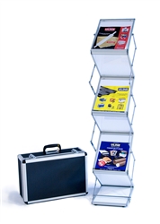 EZ Frost Literature Rack Display. This stylish 5-Step Literature Rack holds literature even while folded, making portability even easier.  Pockets holds 8 1/2" x 11" literature; 1 1/2" deep. Set up is simple: pull pegs on sides of rack, lift up to extend