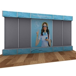 10ft x 20ft Alpine Merchandiser Booth F Graphic Package with slatwall. Alpine Merchandiser Booths with SEG Fabric can be use in  Retail Stores, Trade Shows, Showrooms. Great for 10ftx10ft booths.