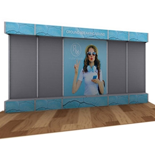 10ft x 20ft Alpine Merchandiser Booth F Graphic Package with slatwall. Alpine Merchandiser Booths with SEG Fabric can be use in  Retail Stores, Trade Shows, Showrooms. Great for 10ftx10ft booths.