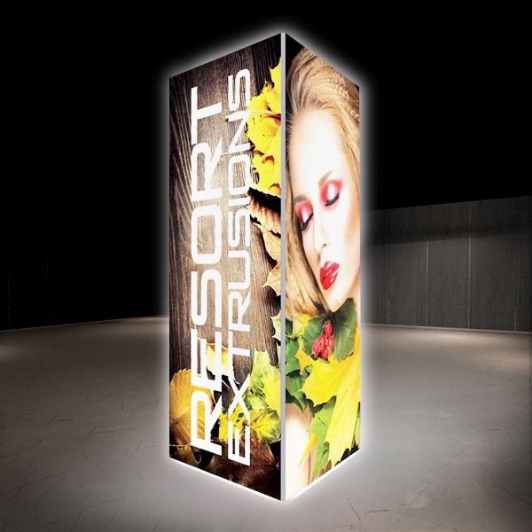 Backlit Big Sky Towers are professional displays that draw eyes to your trades show booth. These backlit illuminated fabric towers are constructed of aluminum extrusions designed to hold SEG graphics. Feature easy assembly and come packed in a hard molded