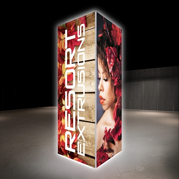 Backlit Big Sky Towers are professional displays that draw eyes to your trades show booth. These backlit illuminated fabric towers are constructed of aluminum extrusions designed to hold SEG graphics. Feature easy assembly and come packed in a hard molded