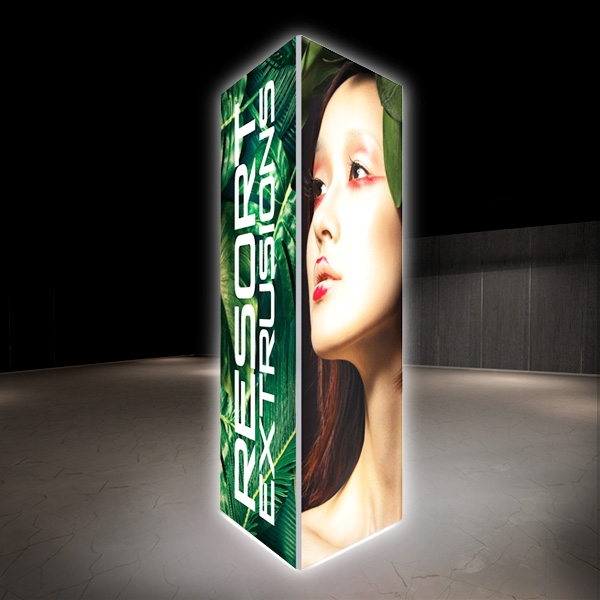 Backlit Big Sky Towers are professional displays that draw eyes to your trades show booth. These backlit illuminated fabric towers are constructed of aluminum extrusions designed to hold SEG graphics. Feature easy assembly and come packed in a hard molded