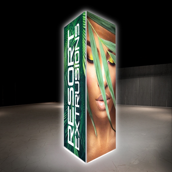 Backlit Big Sky Towers are professional displays that draw eyes to your trades show booth. These backlit illuminated fabric towers are constructed of aluminum extrusions designed to hold SEG graphics. Feature easy assembly and come packed in a hard molded