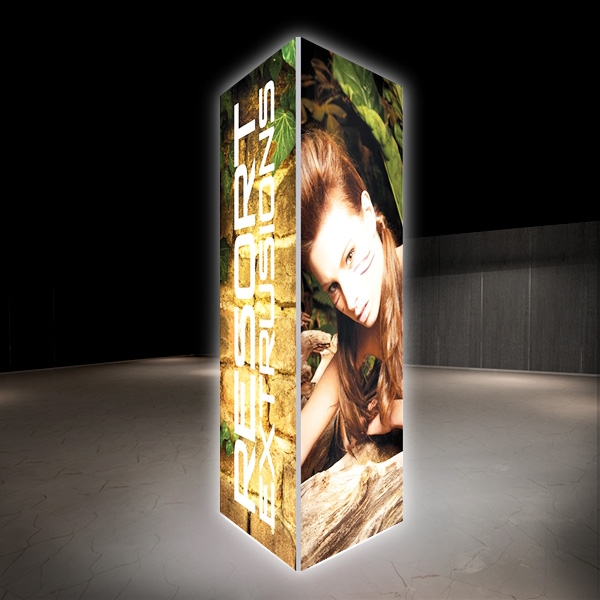 Backlit Big Sky Towers are professional displays that draw eyes to your trades show booth. These backlit illuminated fabric towers are constructed of aluminum extrusions designed to hold SEG graphics. Feature easy assembly and come packed in a hard molded