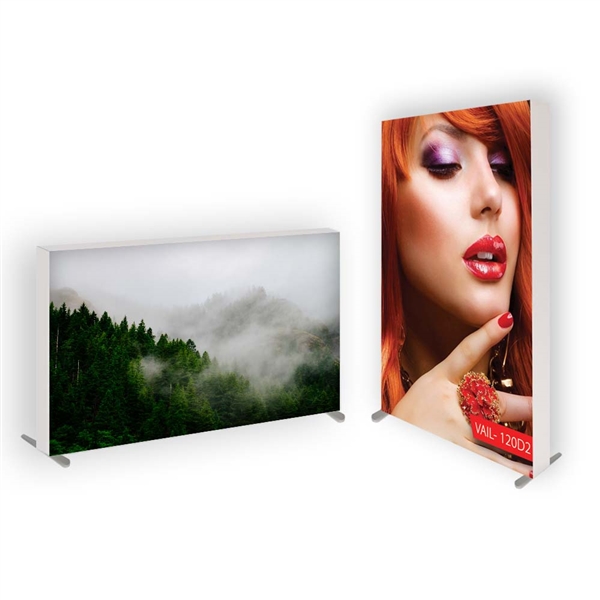 This 7ft x 2ft free-standing VAIL 120D SEG frame comes with double-sided graphics. Perfect for trade shows, conventions, retail stores, restaurants, art galleries, grand openings, offices, showrooms & more!  Dye-sub printed on stretch fabric.
