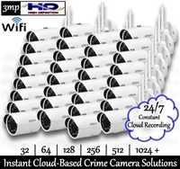 Complete package featuring 32 pre-programmed 3mp WiFi Day/Night Loaner Crime Cameras and 1 year managed Project NOLA Cloud Service with tech support to quickly and inexpensively implement a live-monitorable community crime camera system virtually anywhere
