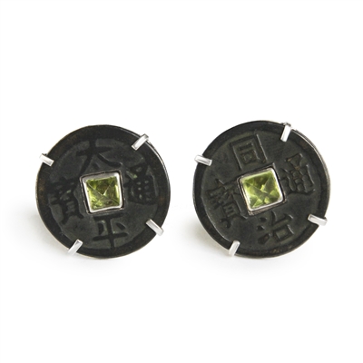 Antique Chinese Coin Cufflinks with Faceted Peridot