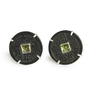 Antique Chinese Coin Cufflinks with Faceted Peridot