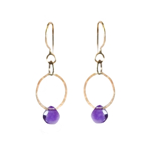 Earrings of a gently hammered 14K gold filled loop with faceted briolette. Shown in amethyst.