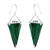 Long triangle earrings in sterling silver and malachite. Handmade in the USA.