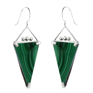 Long triangle earrings in sterling silver and malachite. Handmade in the USA.